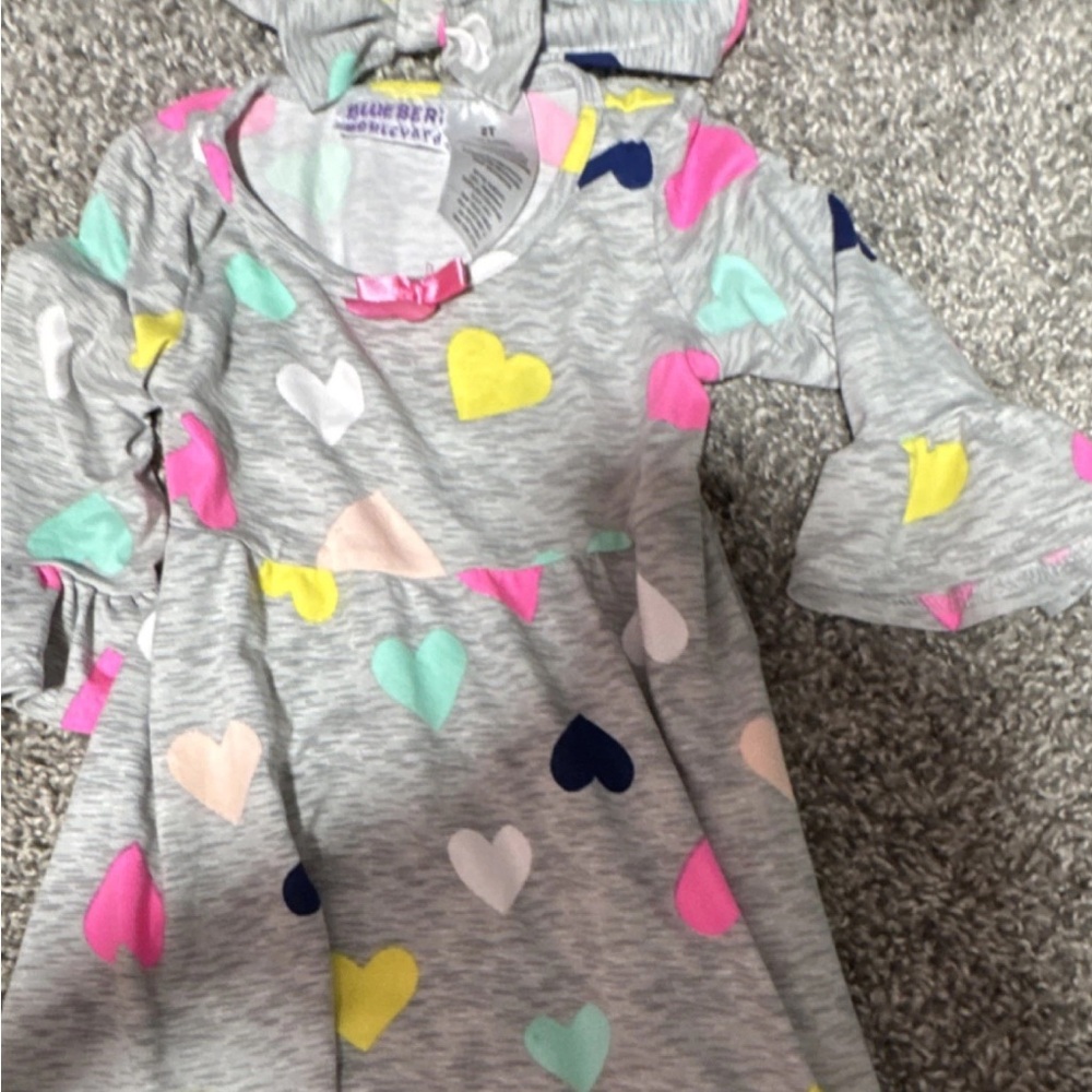 Blueberi Boulevard Gray Dress with Multicolor Heart Prints and Headband